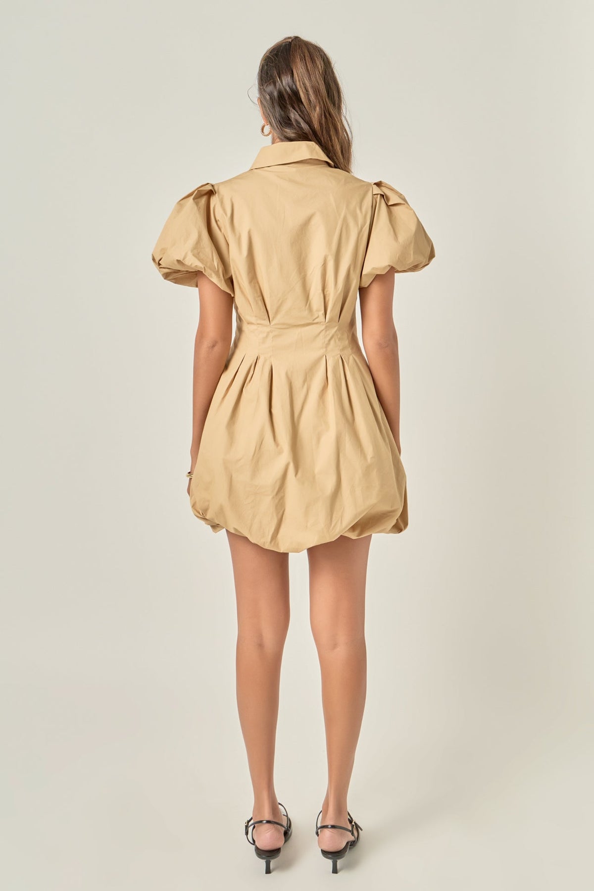 Button Down Bubble Mini Dress- Tan