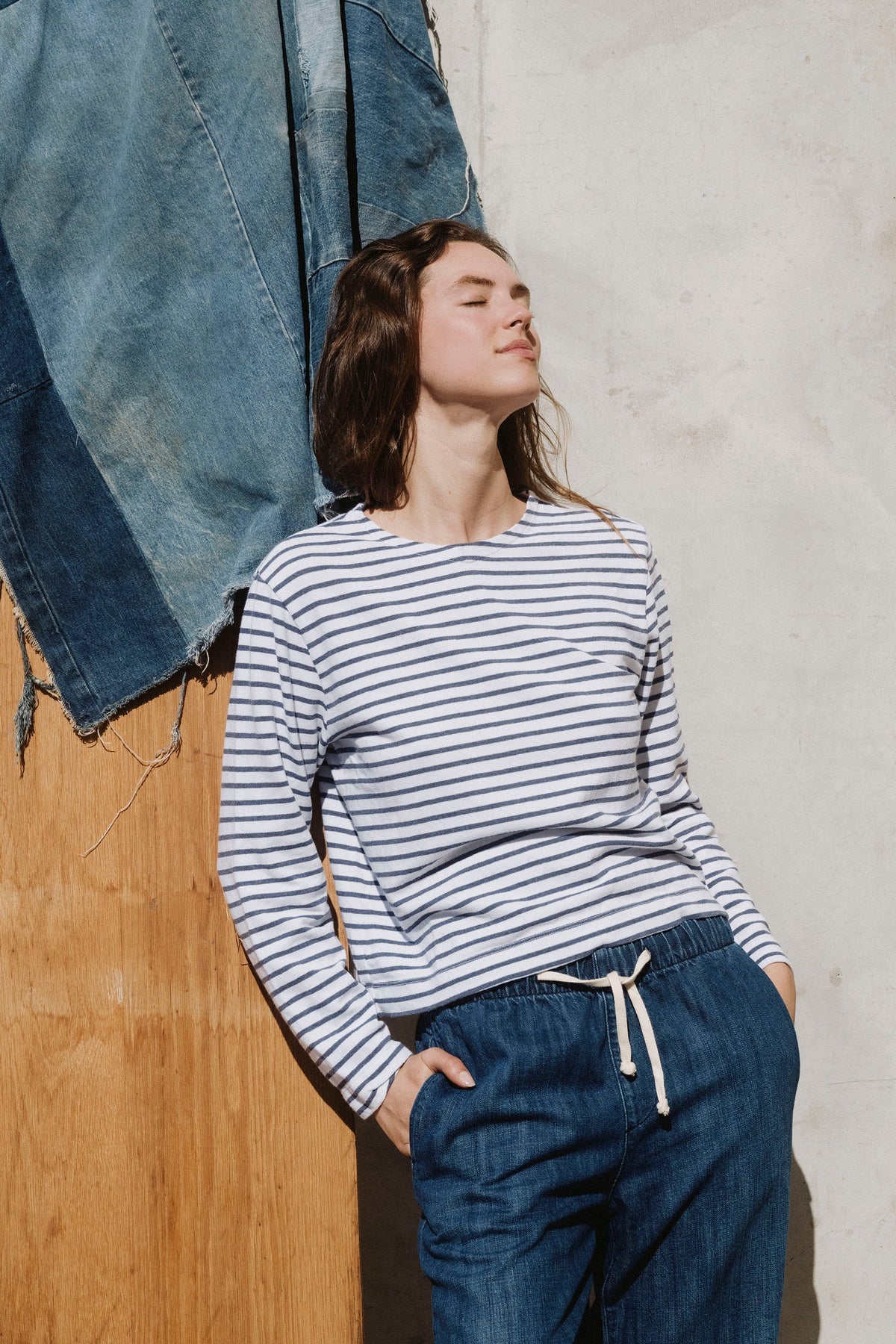 L/s Boxy Boat Neck Stripe Tee - White