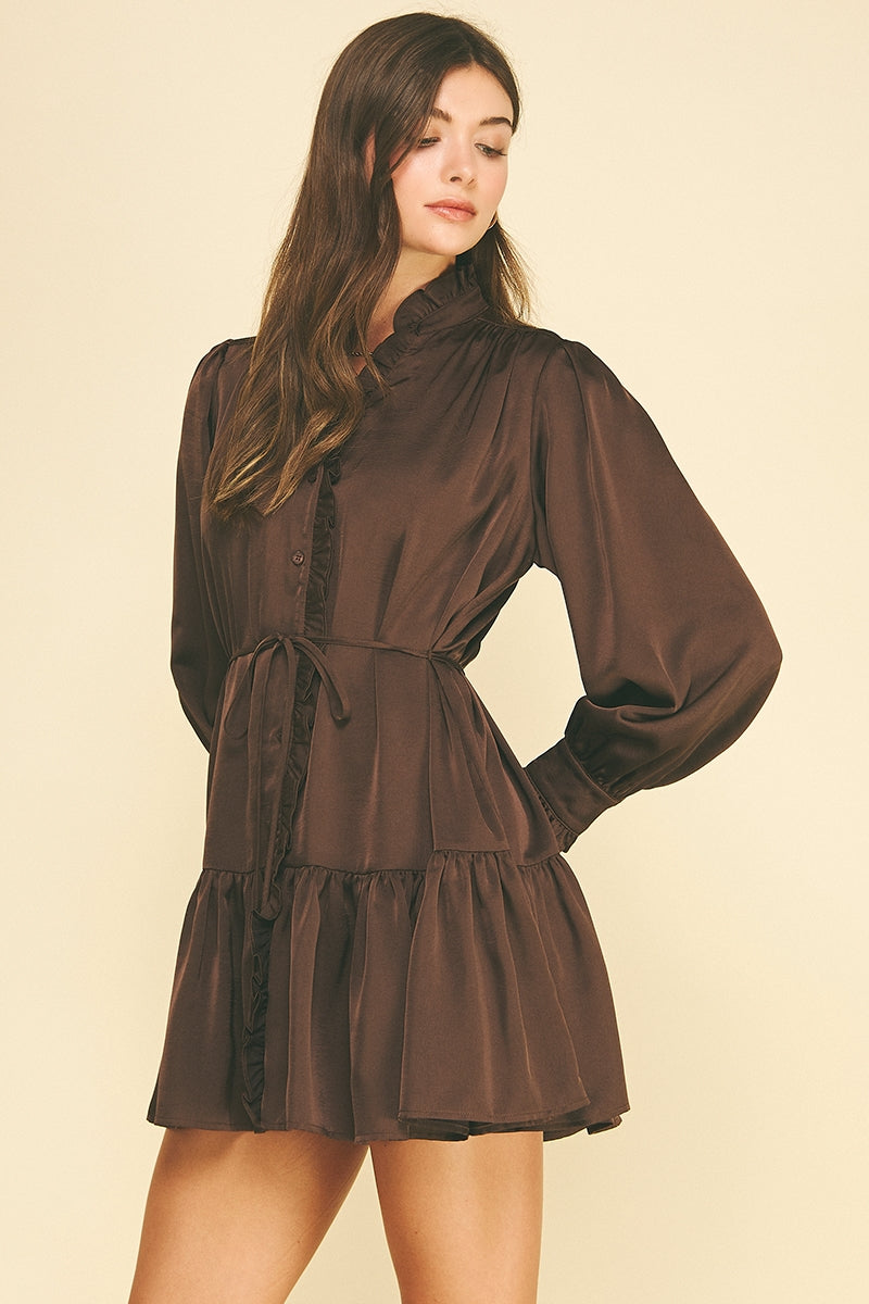 Satin Ruffled Tiered Mini Dress - Espresso