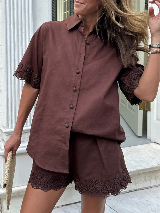 Linen Lace Shorts - Chocolate Brown