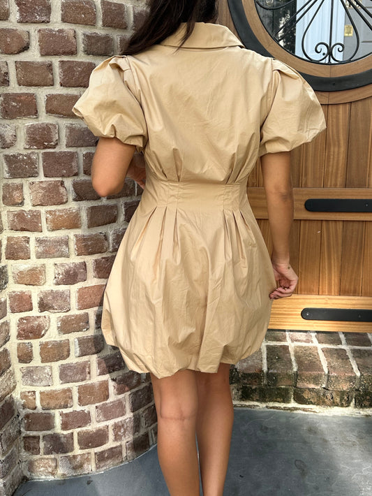 Button Down Bubble Mini Dress- Tan