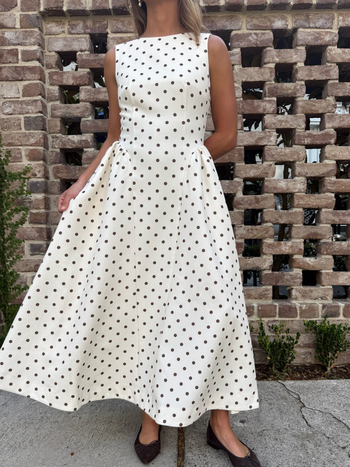 Polka Dot Fit and Flare Midi Dress - Beige/brown