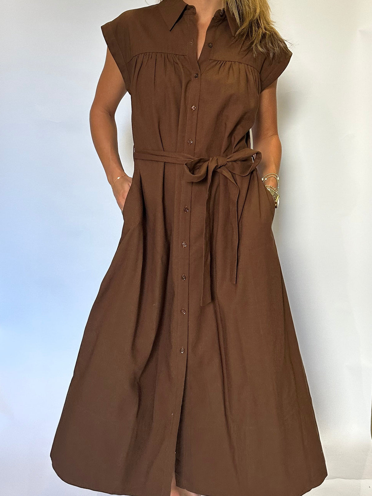 Linen Belted Midi Dress - Brown