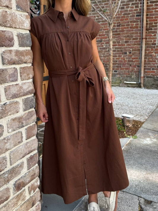 Linen Belted Midi Dress - Brown