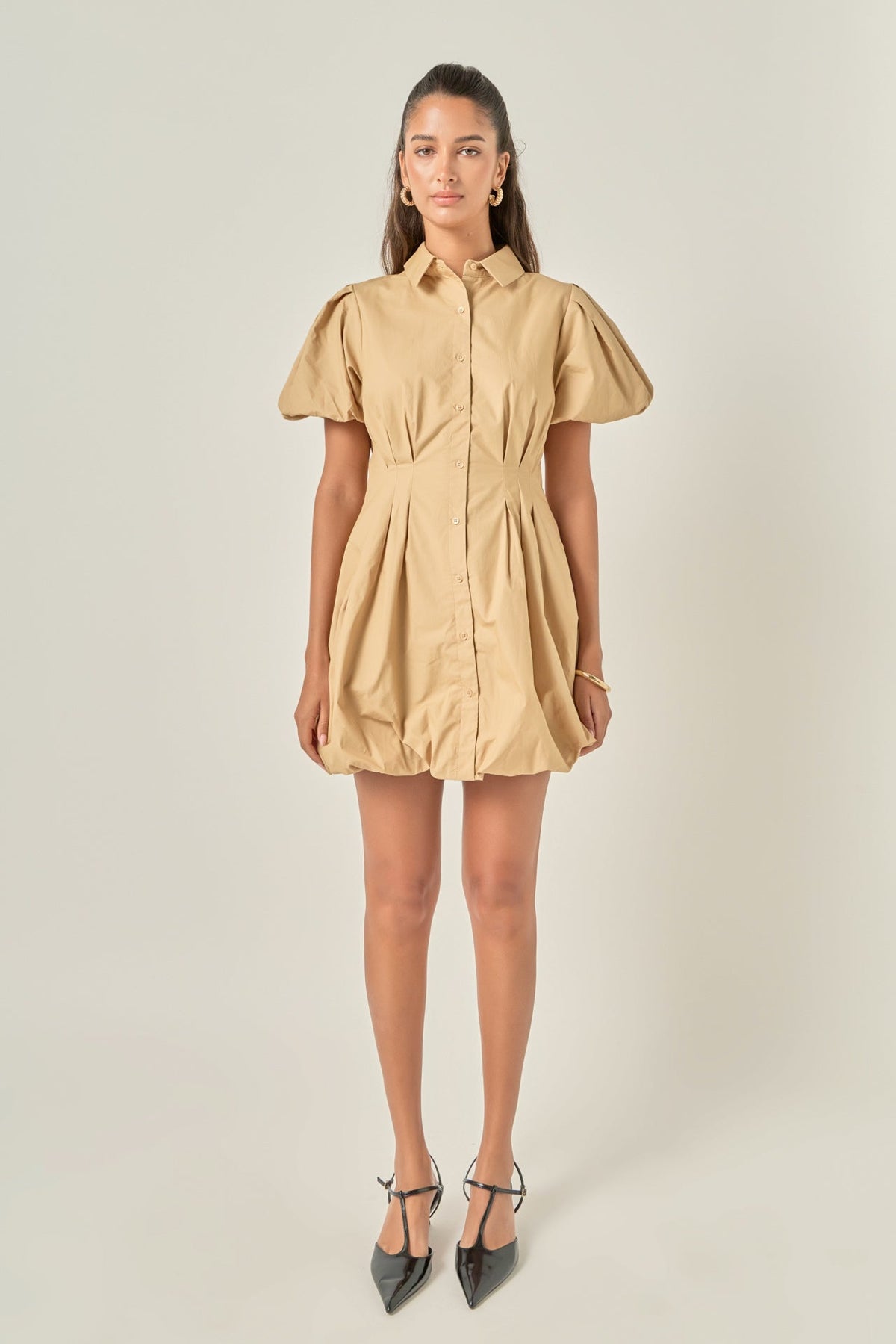 Button Down Bubble Mini Dress- Tan