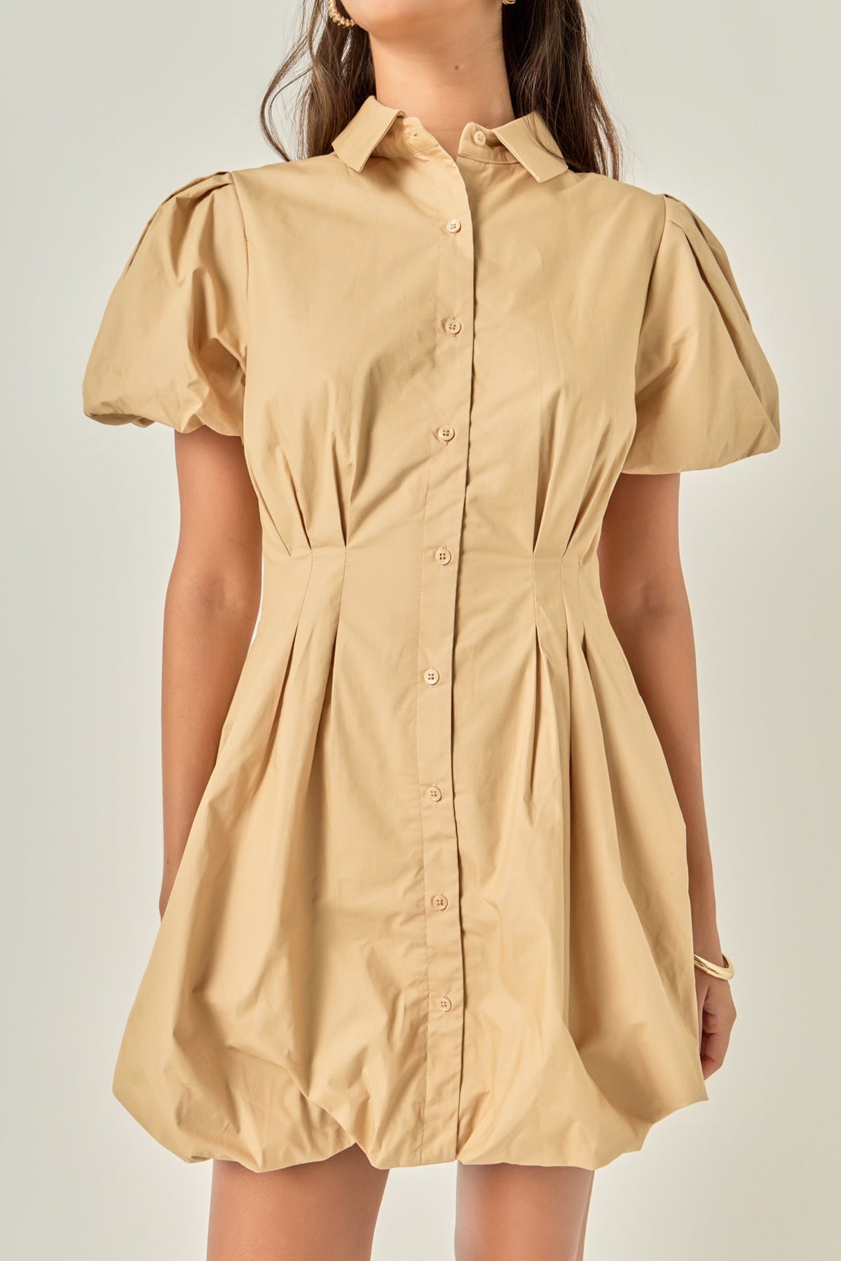Button Down Bubble Mini Dress- Tan