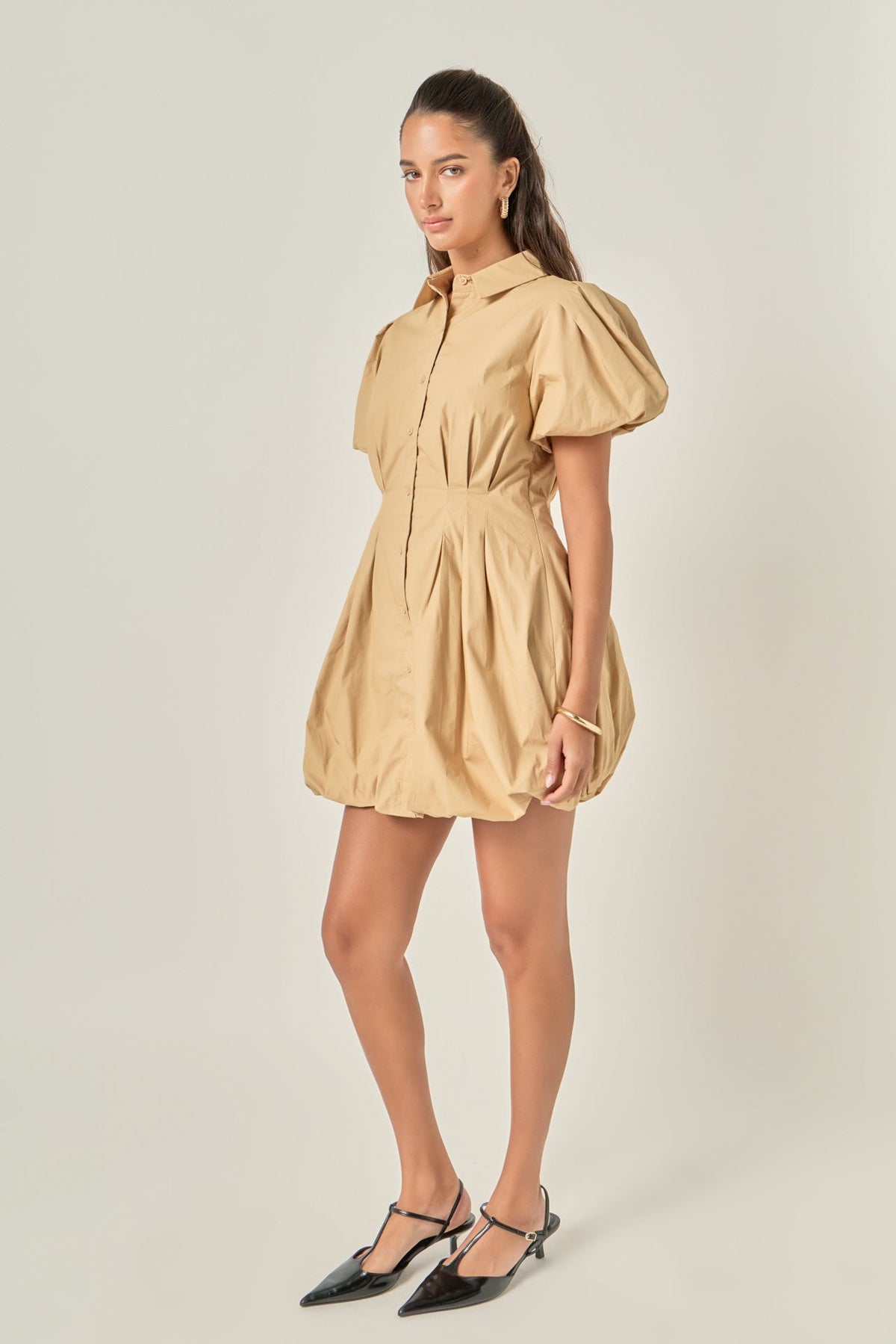 Button Down Bubble Mini Dress- Tan