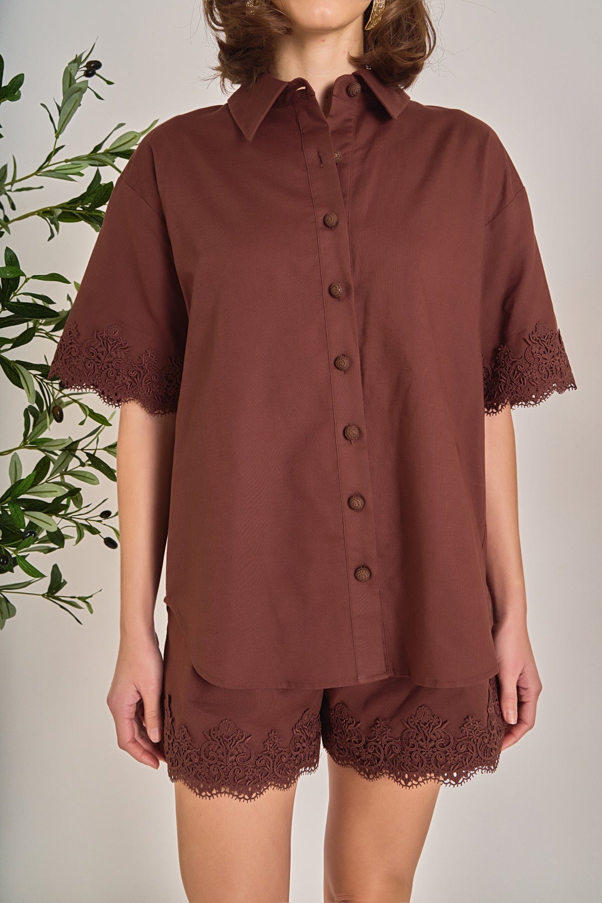Linen Lace Shirt - Chocolate Brown