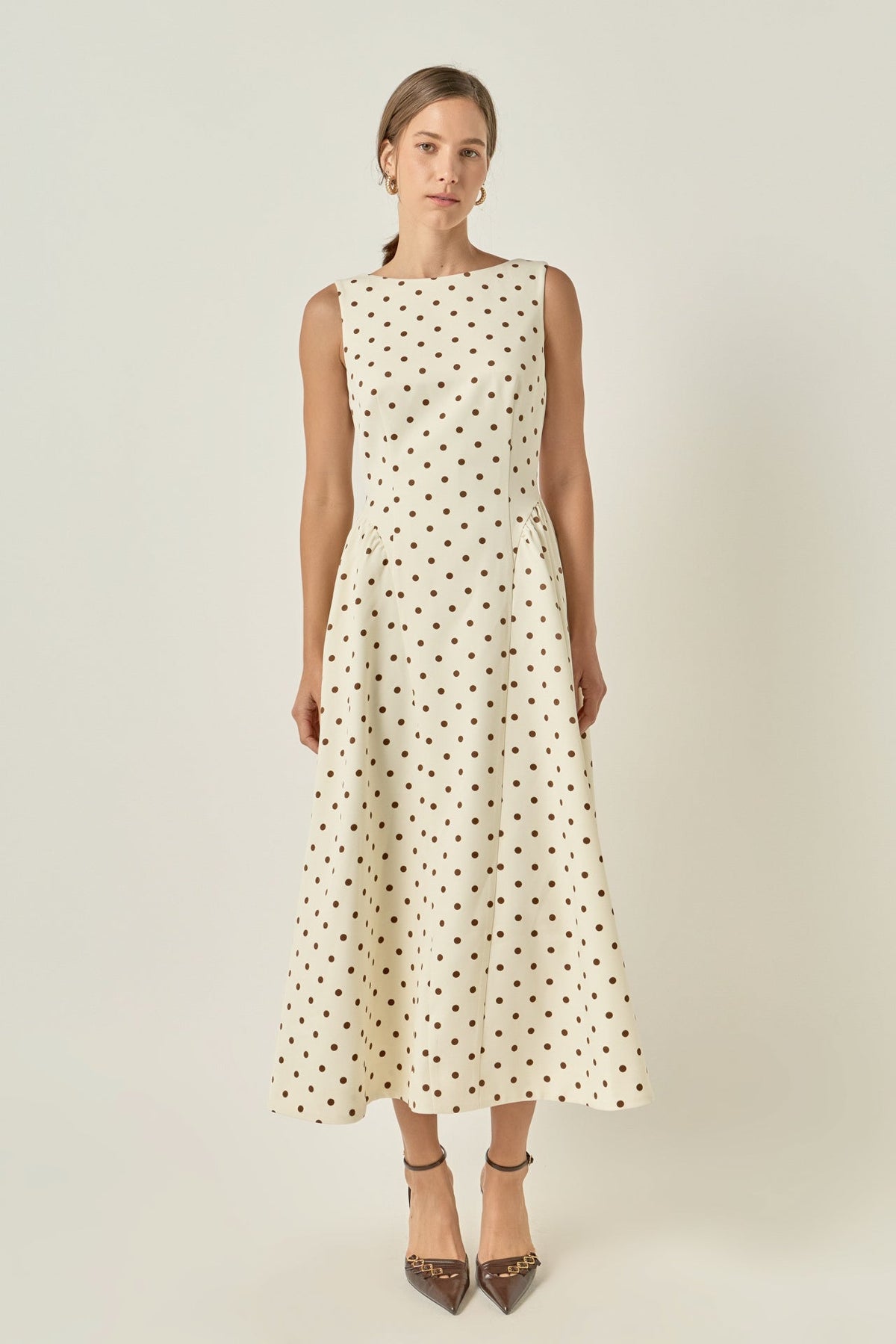 Polka Dot Fit and Flare Midi Dress - Beige/brown