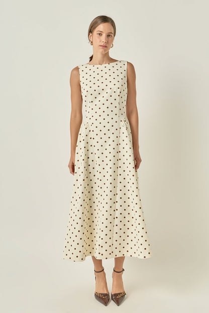 Polka Dot Fit and Flare Midi Dress - Beige/brown