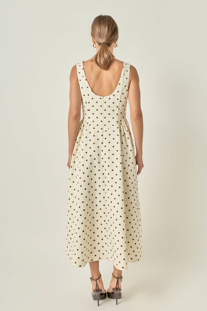 Polka Dot Fit and Flare Midi Dress - Beige/brown