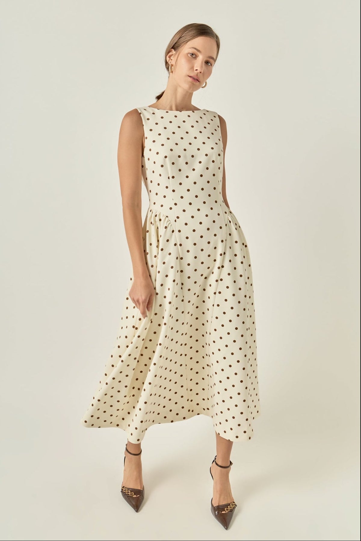 Polka Dot Fit and Flare Midi Dress - Beige/brown
