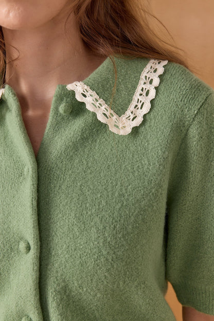 Scalloped Crochet Collar Cardigan - Sage