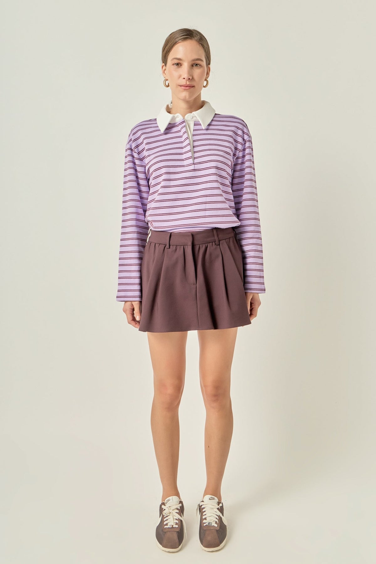 Striped Polo Knit Top - Lavender/burgundy