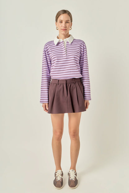 Striped Polo Knit Top - Lavender/burgundy