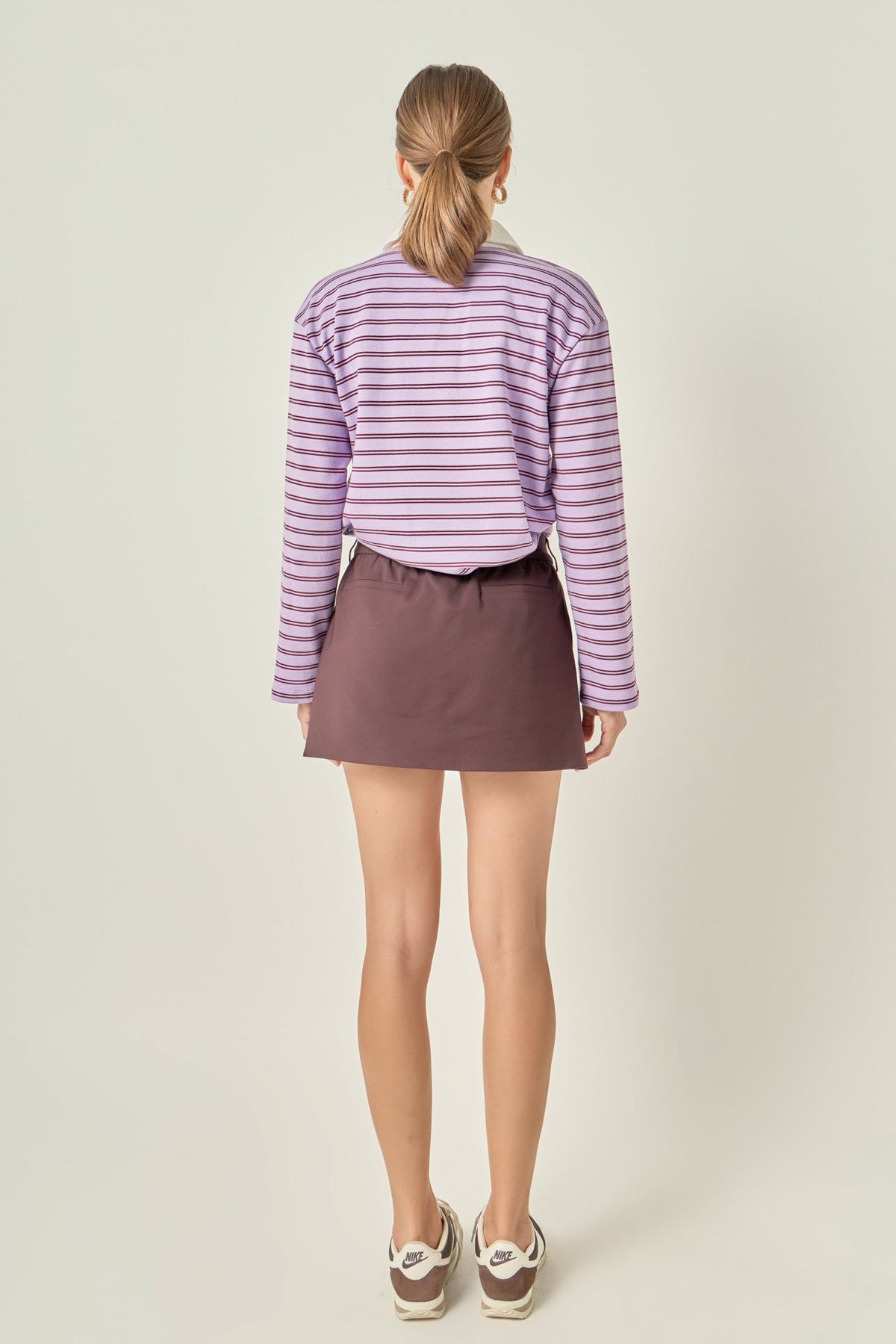 Striped Polo Knit Top - Lavender/burgundy