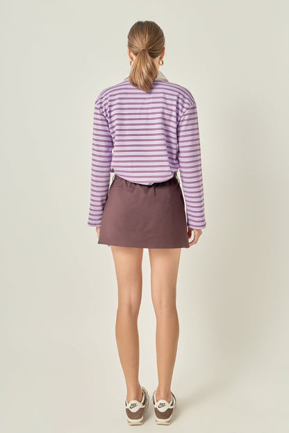 Striped Polo Knit Top - Lavender/burgundy