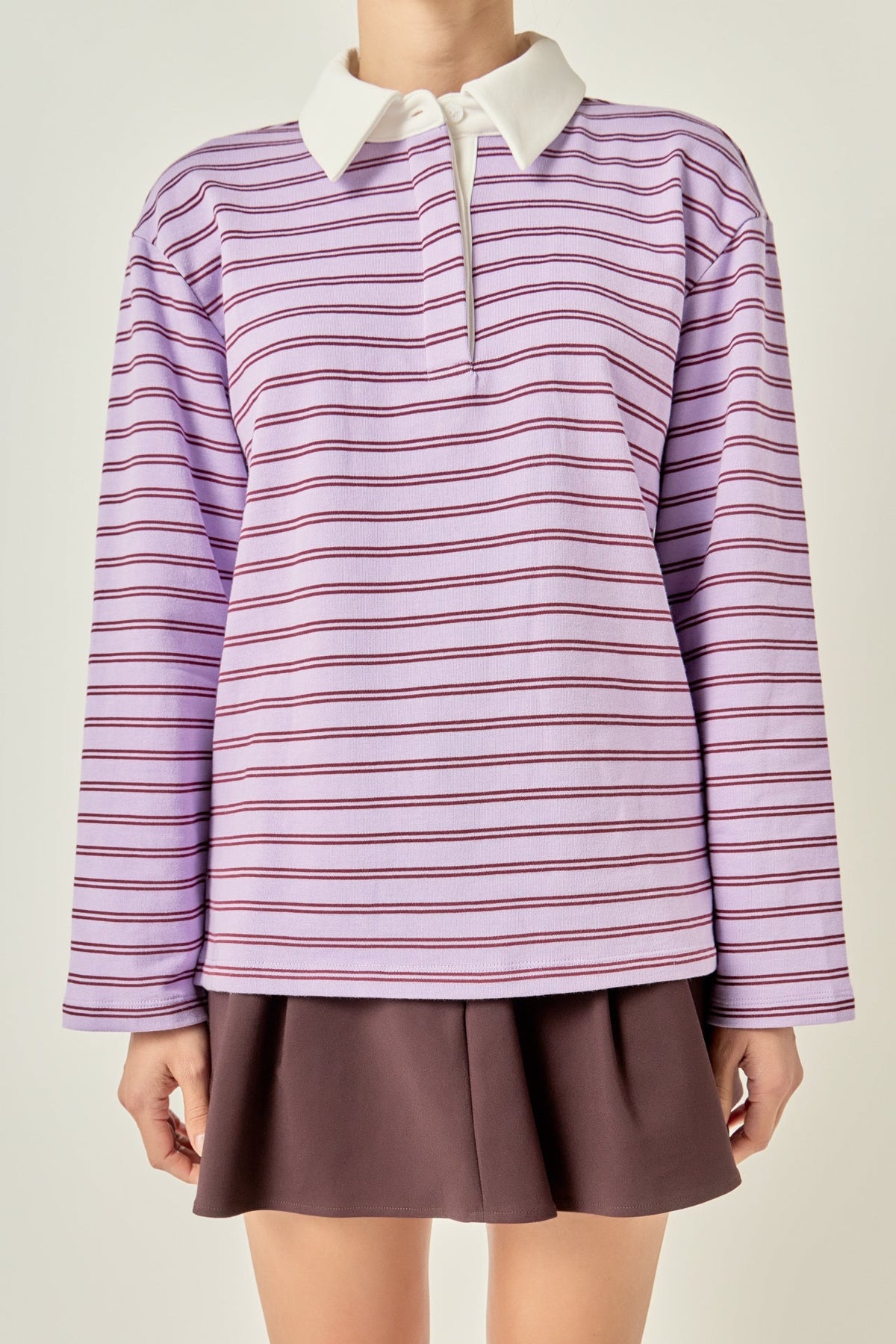 Striped Polo Knit Top - Lavender/burgundy