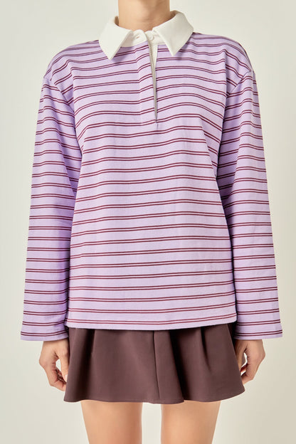 Striped Polo Knit Top - Lavender/burgundy