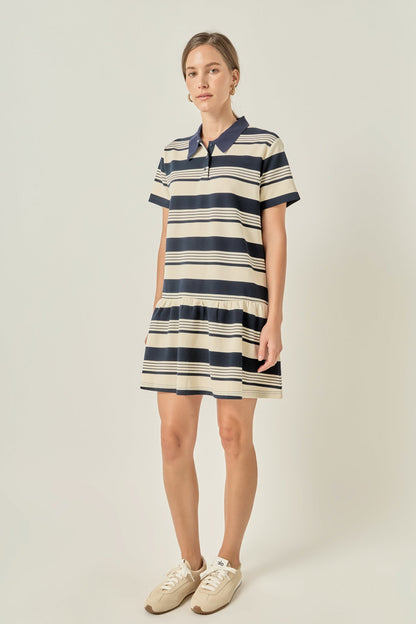 Striped Polo Mini Dress - Navy/cream