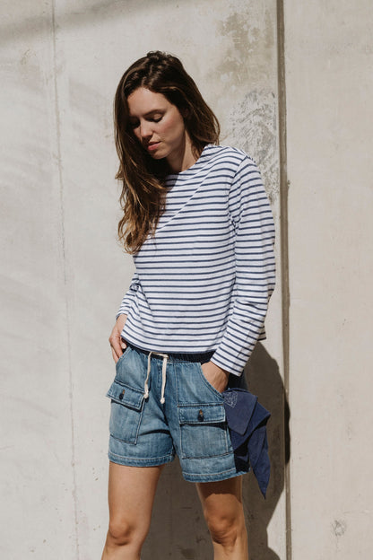 L/s Boxy Boat Neck Stripe Tee - White