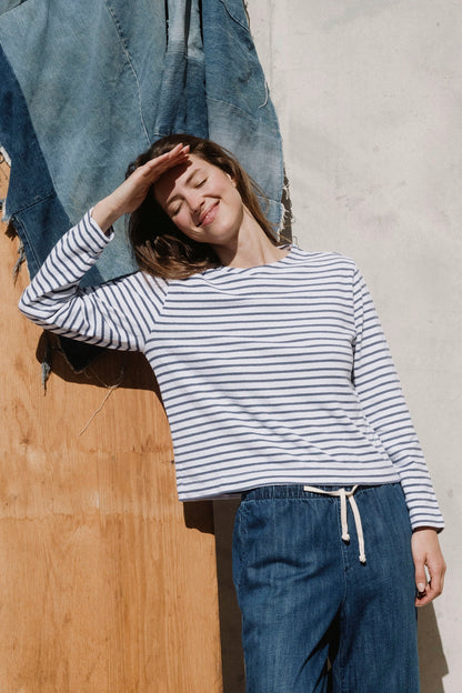 L/s Boxy Boat Neck Stripe Tee - White