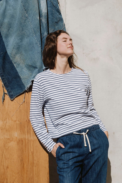 L/s Boxy Boat Neck Stripe Tee - White