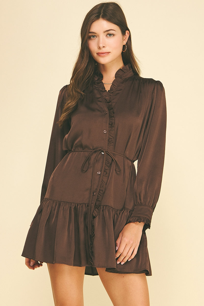 Satin Ruffled Tiered Mini Dress - Espresso