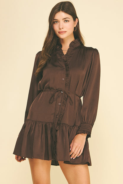 Satin Ruffled Tiered Mini Dress - Espresso