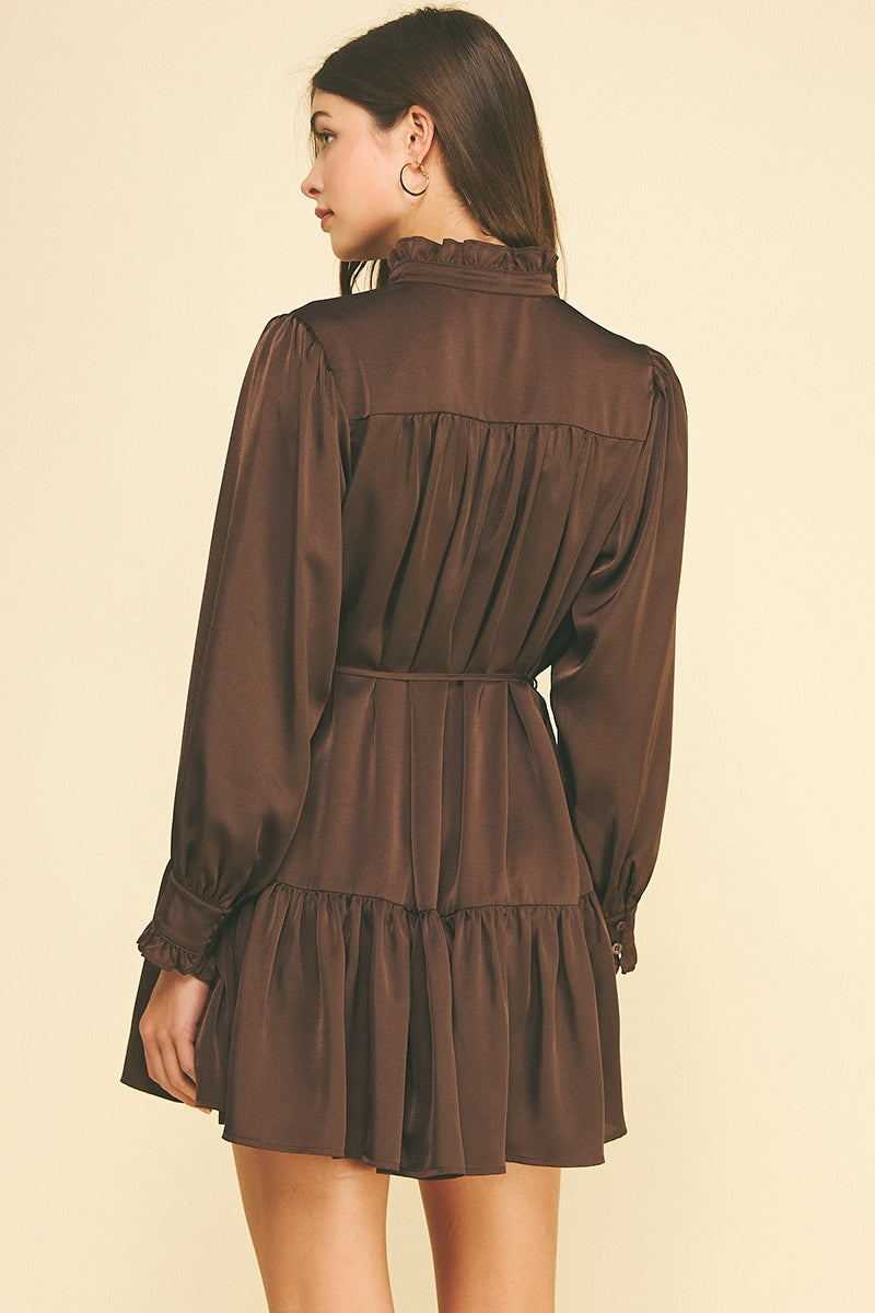 Satin Ruffled Tiered Mini Dress - Espresso