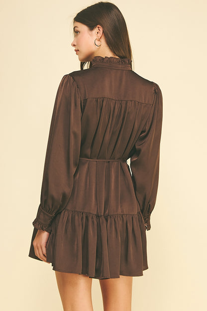 Satin Ruffled Tiered Mini Dress - Espresso