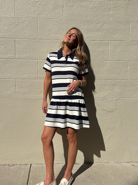 Striped Polo Mini Dress - Navy/cream
