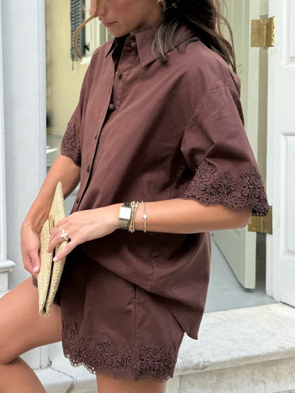 Linen Lace Shorts - Chocolate Brown