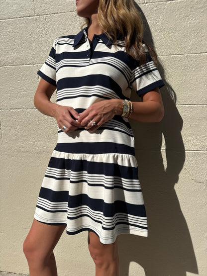 Striped Polo Mini Dress - Navy/cream