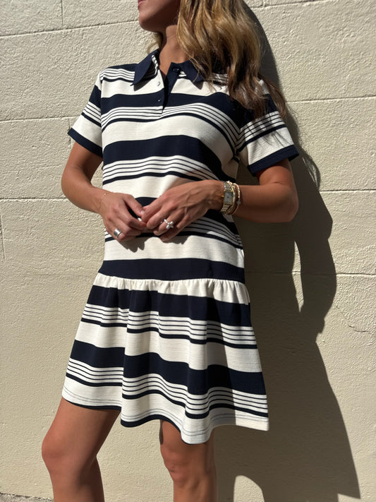 Striped Polo Mini Dress - Navy/cream