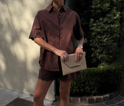 Linen Lace Shirt - Chocolate Brown