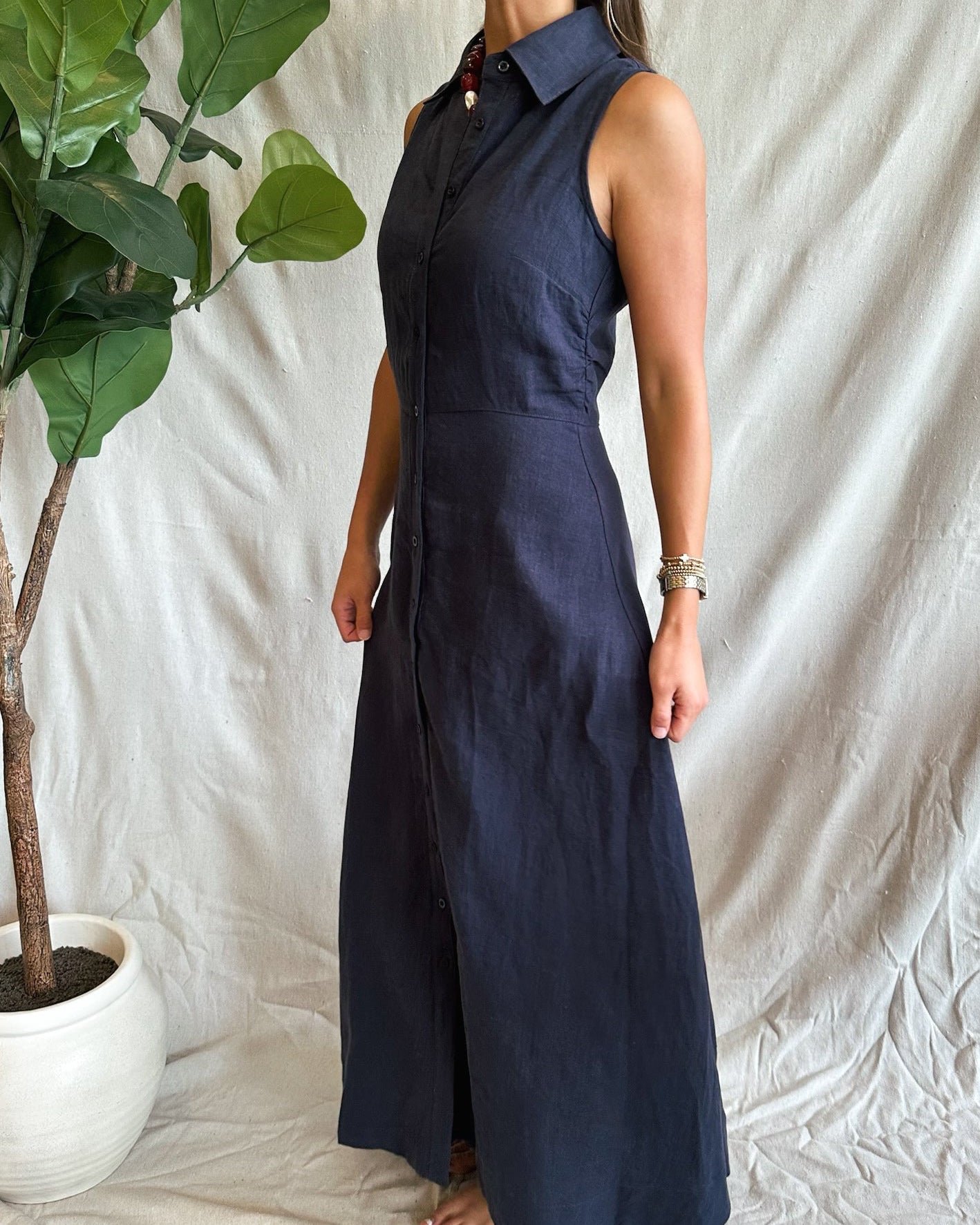 Aimme Button-Front Linen Maxi Dress