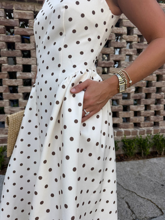 Polka Dot Fit and Flare Midi Dress - Beige/brown