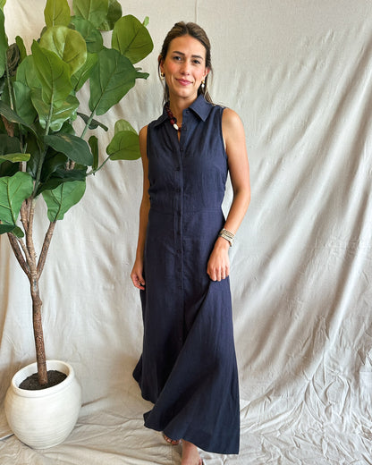 Aimme Button-Front Linen Maxi Dress