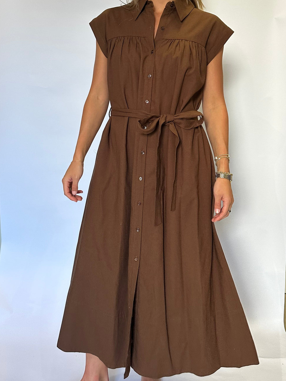 Linen Belted Midi Dress - Brown
