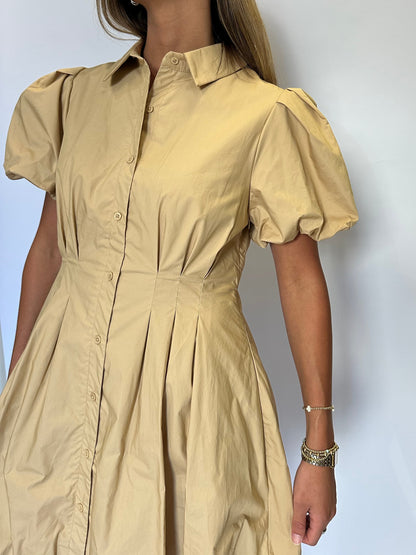 Button Down Bubble Mini Dress- Tan