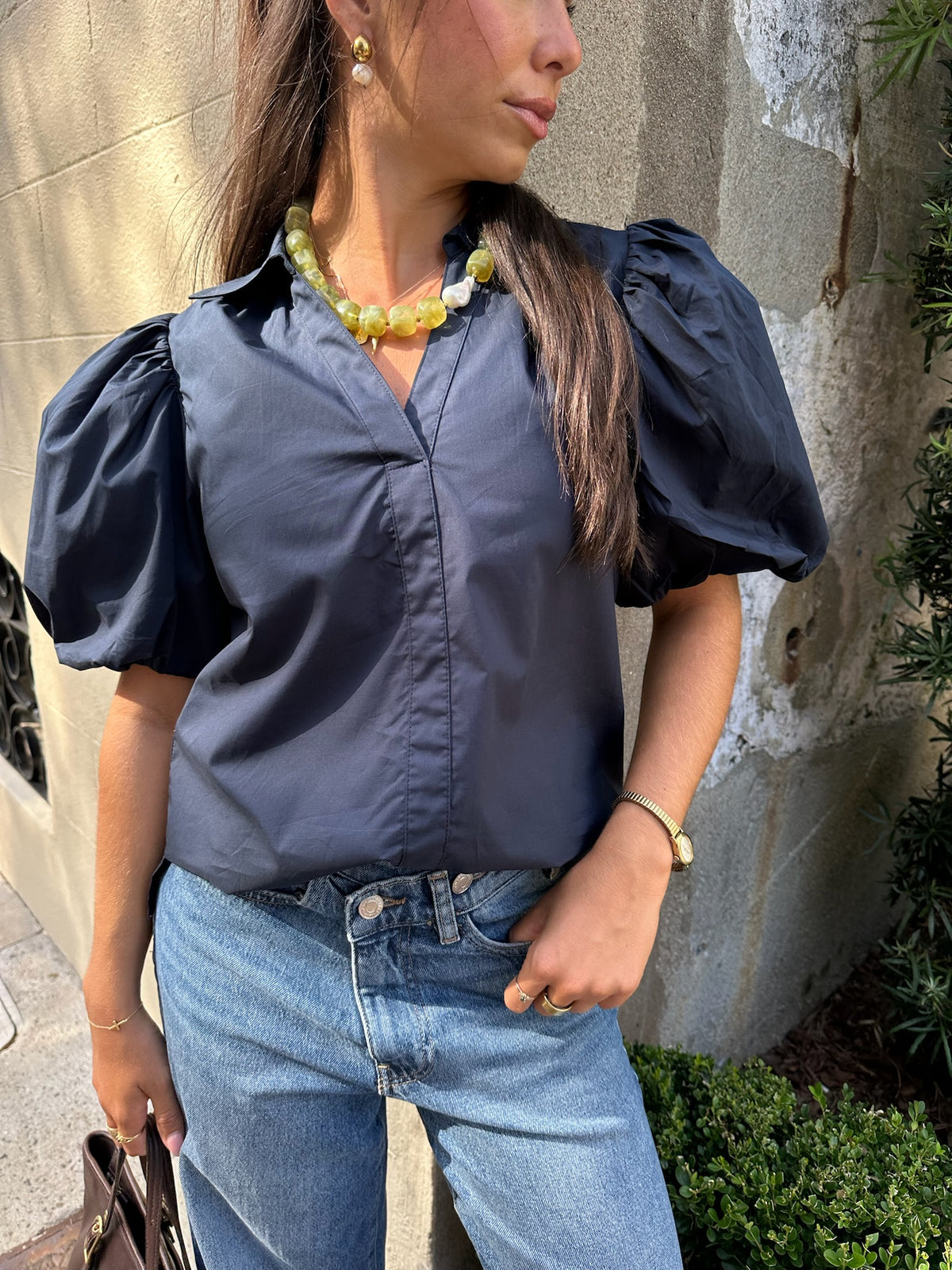 Navy Puff Sleeve Top