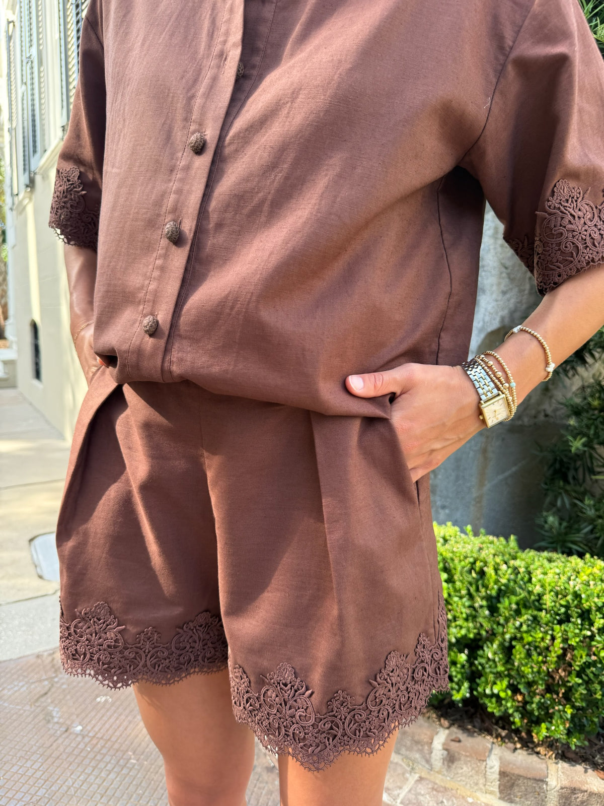 Linen Lace Shirt - Chocolate Brown