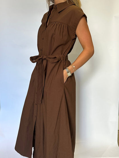 Linen Belted Midi Dress - Brown