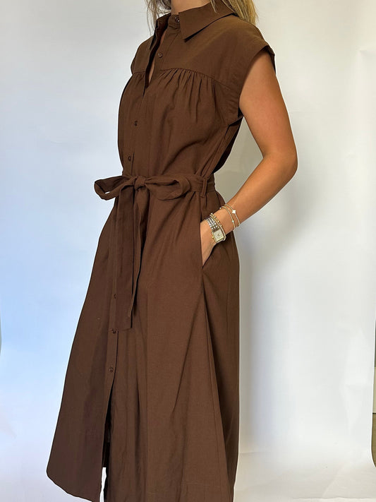 Linen Belted Midi Dress - Brown