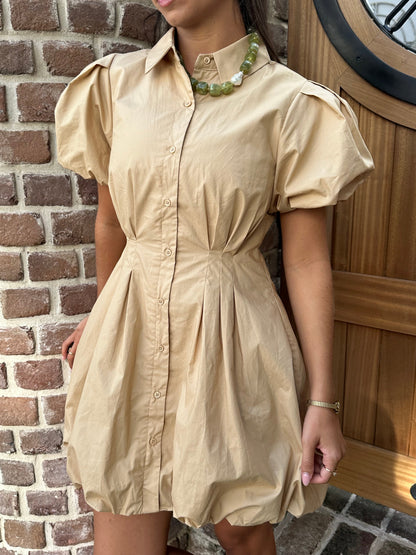 Button Down Bubble Mini Dress- Tan