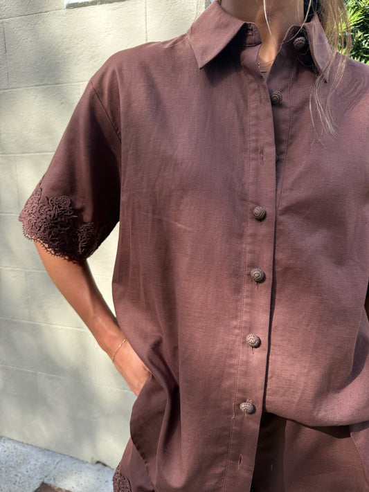 Linen Lace Shirt - Chocolate Brown